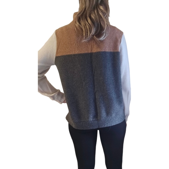 Womens Green & Tan Fleece Colorblock Mockneck Sweater Sz M Equestrian Preppy - Picture 4 of 6